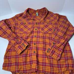 Stio Plaid Flannel Button Down Shirt, Men's Large - Orange/Red/Yellow Check